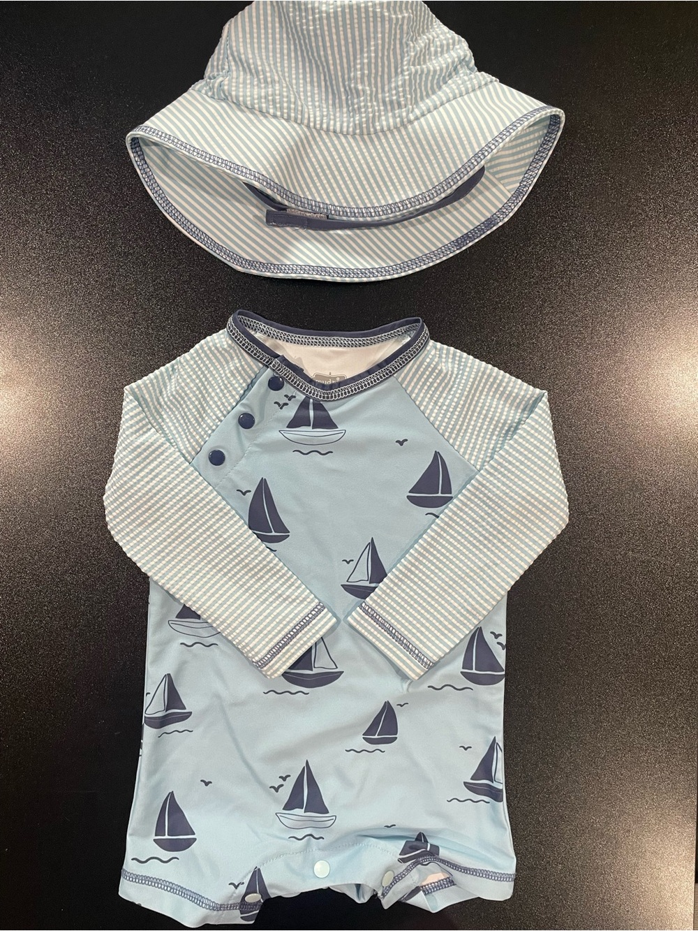 Mud Pie Light Blue Sailboat One Piece Swimsuit with Striped Hat. Fits 9-12 mo 🌊